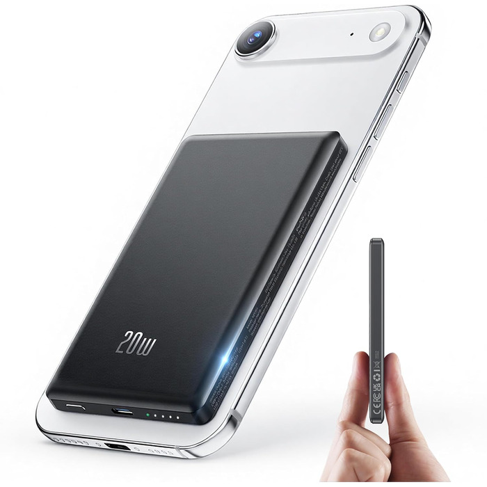 Power Bank для iPhone з MagSafe, Ultra Slim, 20W PD, 5000mAh, Бездротова зарядка, Сумісний з iPhone 17/16/15/14/13/12 Max/Pro/Plus/Mini (Чорний)