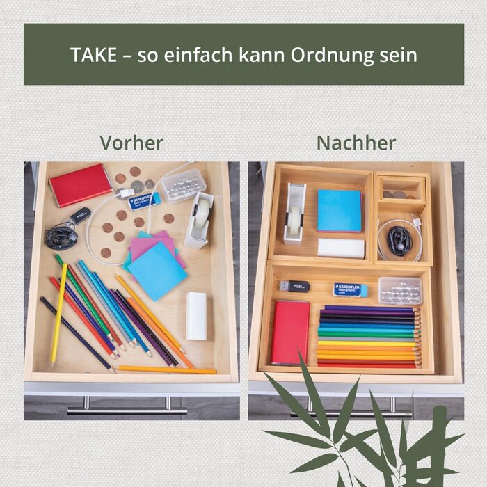 TAKE® 6-Piece Drawer Organizer Set made of 100% Natural Bamboo - Boxes in various sizes for Kitchen, Bathroom & Office, Vanity Organizer, Drawer Organizer