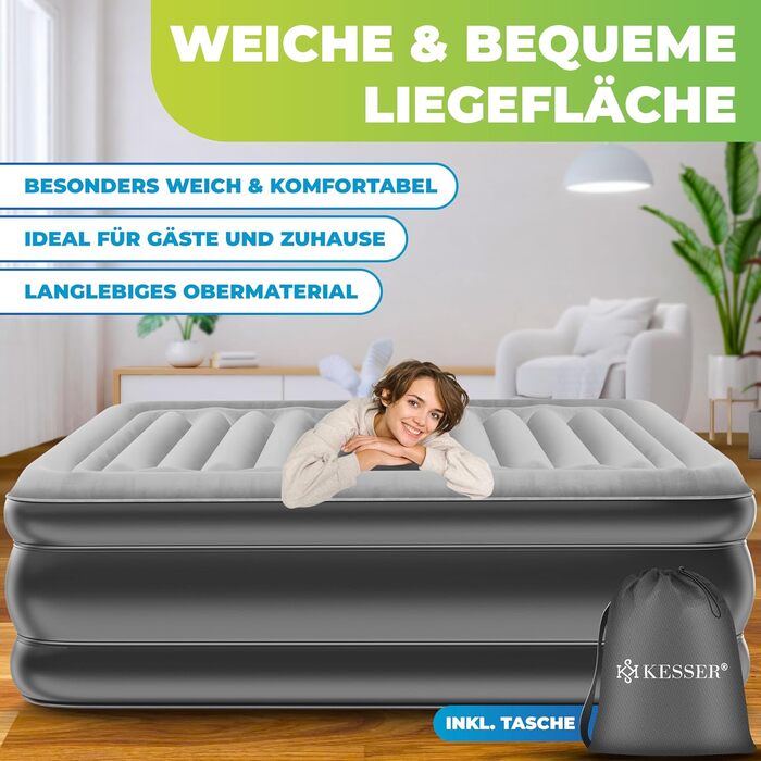 Надувний матрац KESSER® з електричною помпою, самонадувний, для гостей, кемпінгу та дому. Матрац для 1 особи, 203 x 95 x 51 см, сірий/антрацит