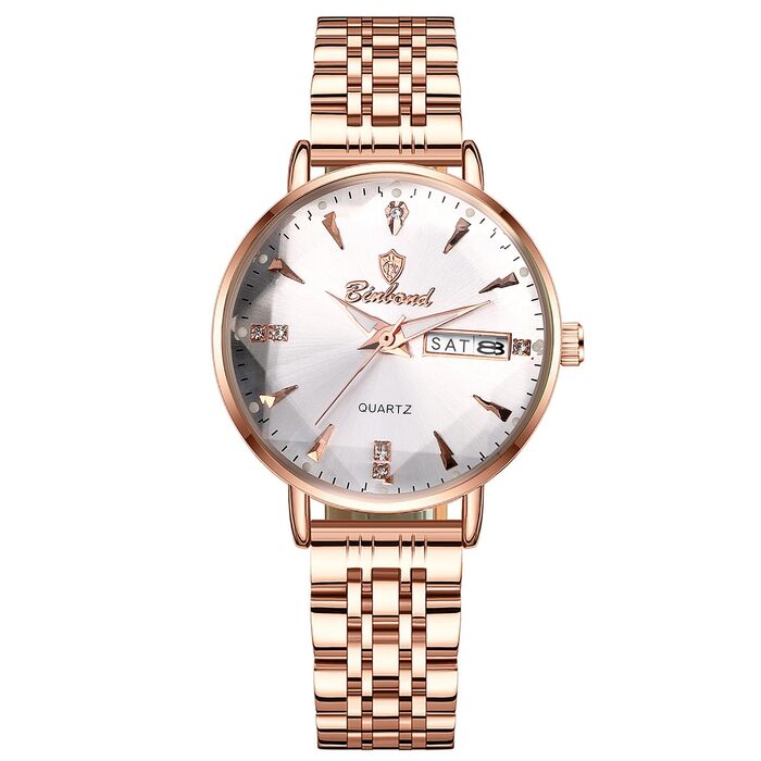 Жіночий годинник JewelryWe Rosegold: аналоговий кварцовий годинник зі сталевим браслетом, водонепроникність 30м, календар, підсвічування стрілок та гранійним склом (Рожеве золото - Білий)