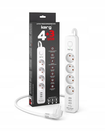 Мережевий фільтр Kerg M02414, 4 гнізда, 3 м, білий