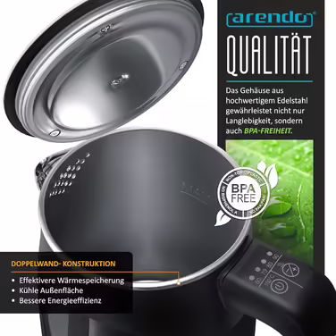 Arendo 0.5L Stainless Steel Kettle with Temperature Setting in Double-Walled Design - 0.5L Water Capacity - 5 Adjustable Temperature Levels - Single Teakettle - Keep-Warm Function - Energy-Saving