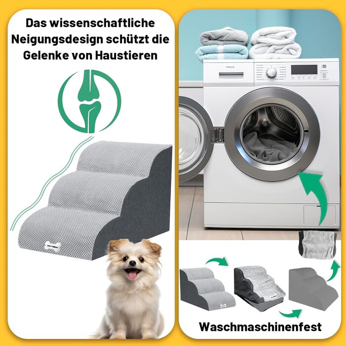 WGYTECH 4-Step Dog Stairs, Pet Ramp for Sofa and Bed, High-Density Sponge Dog Stairs, Washable Cover & Non-Slip Bottom, Dog Ramp for Dogs and Cats, L72xW40xH50cm (3-Step Grey 40cm High)