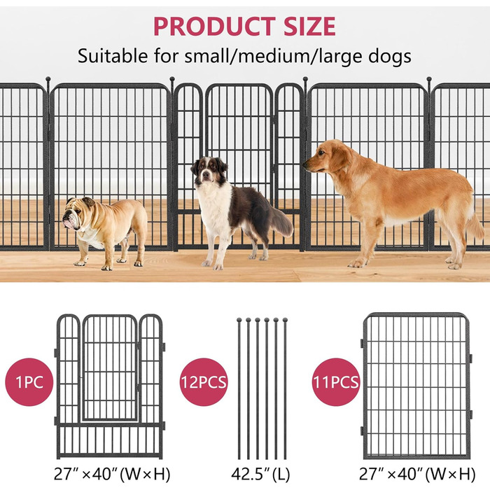 Вольєр для собак на вулицю, 81,3 см, міцний металевий загін з дверима, для середніх та маленьких собак, портативний, 12 панелей, 101,6 x 68,6 см