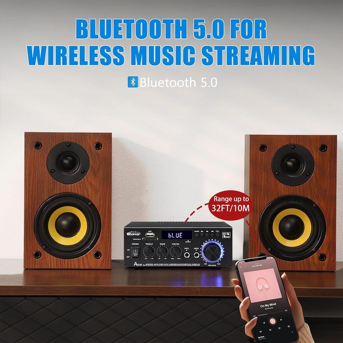 HiFi підсилювач WOOPKER AK45 Pro, 500 Вт, Bluetooth, 2-канальний, стерео, міні аудіо ресивер з FM-радіо, USB/SD/AUX/RCA/MIC входами, 12В/220В для колонок