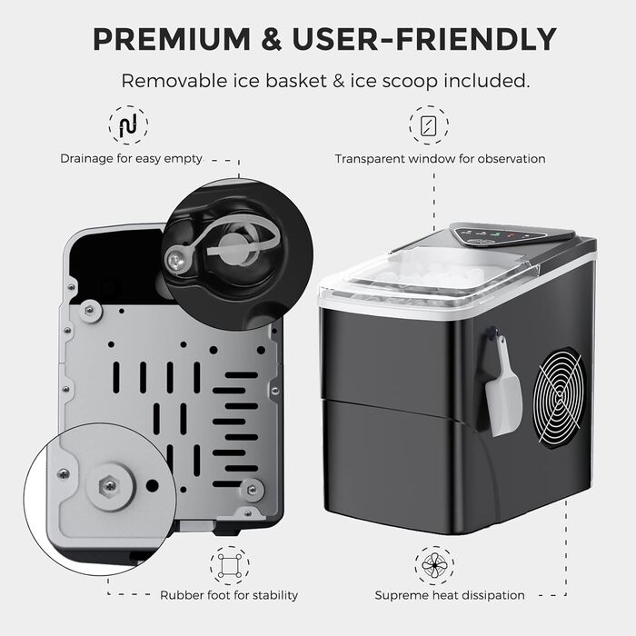 Portable Ice Maker - Fast Cube Ice Machine for Home, Kitchen, Office, Bar (Black)
