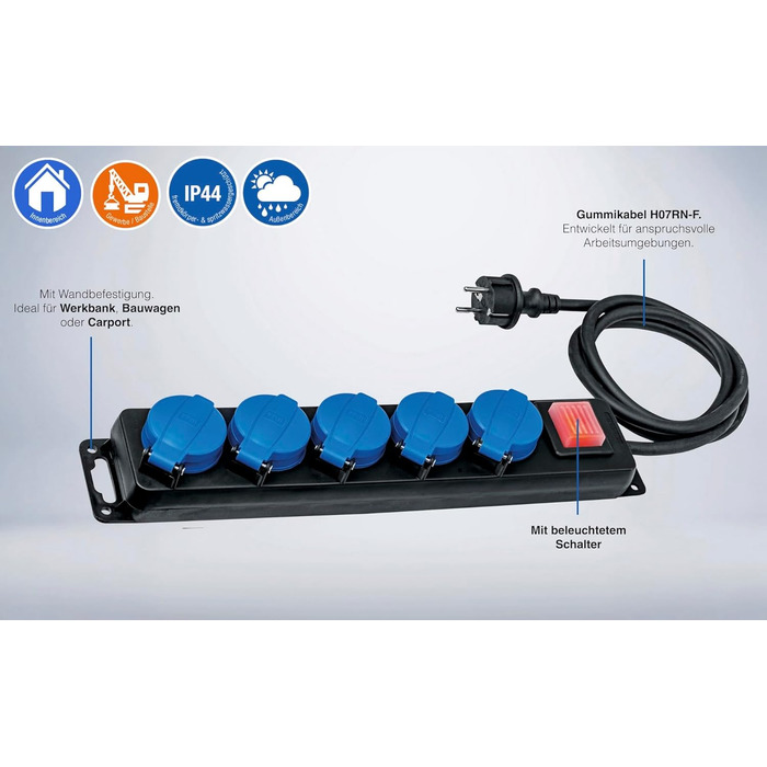 Розподільна коробка з вимикачем Schwabe, 5-fach, 4.5м, IP44, 16A, 230V, для зовнішнього використання