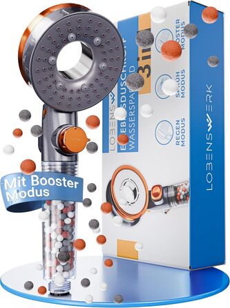 LOBENSWERK Shower Head with Filter [3 Modes - incl. Booster] Water-Saving Shower Head with Mineral Pearls | Handheld Shower, Shower Head for the Shower incl. Replacement Parts