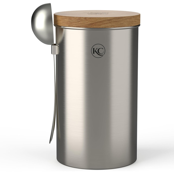 Контейнер для кави KC Kitchen & Co. з ложкою, 700 мл, срібляний, для кавових зерен, чаю, цукру, спецій (з повітряно-щільним акційним кришкою)