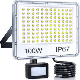 LED Floodlights with Motion Sensor Outdoor 100W 2 Pack, 10000LM LED Spotlights with Motion Sensor, 6500K Cool White Outdoor Floodlights, IP67 Waterproof Floodlights for Warehouse, Garden, Garage (100W-1PC)