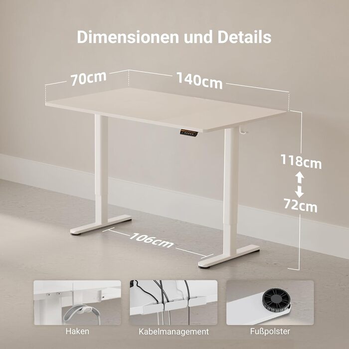 Claiks Electric Height Adjustable Desk 140x70cm - Standing Desk with Cable Management & Memory Function | White Top | Ergonomic Design for Home Office