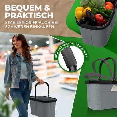 Великий стабільний кошик для покупок | Кошик-сумка з ручками та посиленим дном, передньою кишенею та внутрішньою кишенею на блискавці | Ідеально як сумка для покупок, кошик для пікніка або шопер (Сірий)