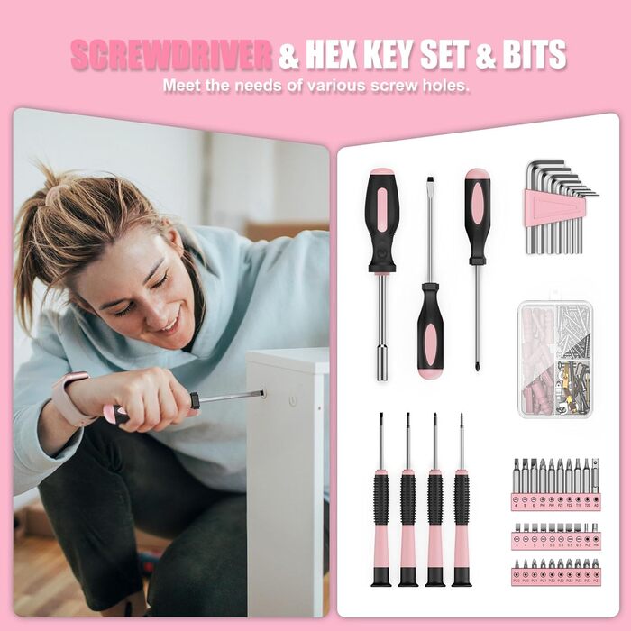 Набір інструментів Sundpey 206tlg з акумуляторною дрилем 12V для ремонту вдома та DIY, рожевий