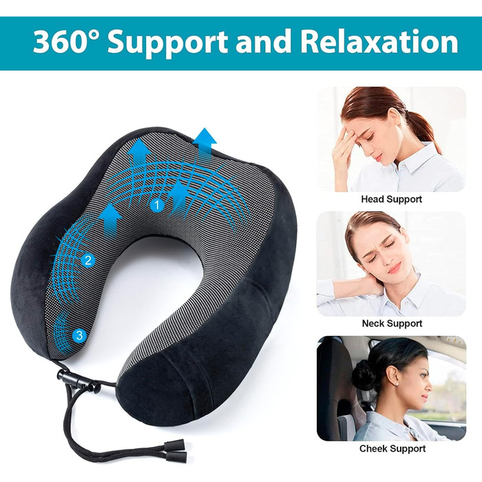 Подушка для шиї у літак, подорожі, автомобіль: Memory Foam, ергономічна, чорна