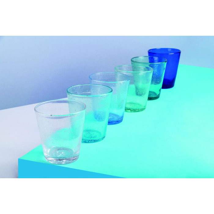 Villa d'Este Home Tivoli Cancun/Marea Set of 6 Water Glasses, 330 ml, made of hand-blown glass, with shades of blue
