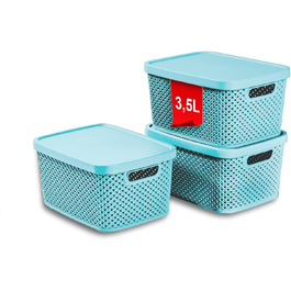 PREMIUM 3er XXL Set Storage Box Basket with Lid Organizer Ideal for Office, Closet, Cabinet, Kitchen & Household (3-Piece Set, 3.5 Liters, Aquamarine)
