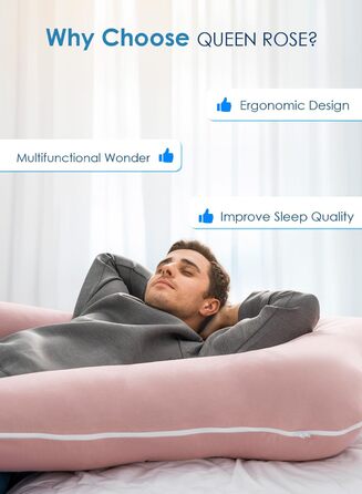 Охолоджуюча подушка для вагітних QUEEN ROSE, 140 см, U-подібна форма, рожева, знімний шовковистий чохол