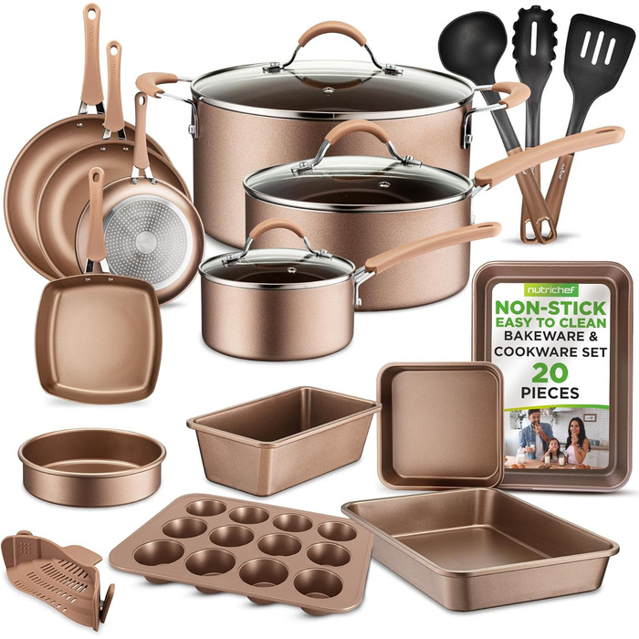NutriChef 20-Piece Nonstick Cookware Set - PTFE/PFOA/PFOS-Free Heat Resistant Lacquer Kitchenware with Saucepan, Frying Pans, Cookware Pots, Oven Pot, Lids, Kitchen Utensils, Matte Gold