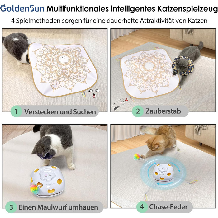 GoldenSun Cat Toy, Rechargeable, Interactive 4-in-1 Toy for Indoor, Hide-and-Seek Toy for Kittens, Whack a Mole Motion, Electronic Cat Toy for Exercise (Bohemia)