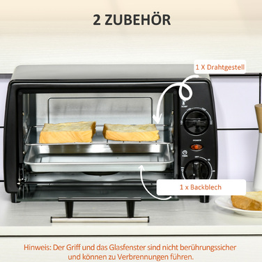 HOMCOM Міні-духовка 10 л, 750 Вт, до 230°C з таймером 60 хв, невелика електродуховка з декою та решіткою 36,5x26x22 см, чорна