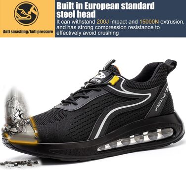 Черевики безпеки робочі чоловічі та жіночі S3, легкі, зі сталевим підноском, неслизькі, дихаючі, спортивні, робочі кеди (39 EU, чорний сріблястий)