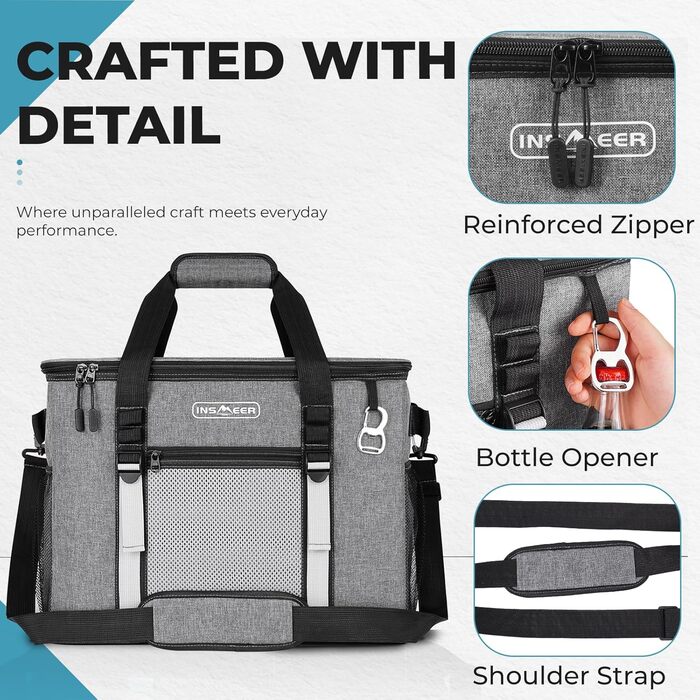 Сумка-холодильник INSMEER 50 л, велика, розкладні, для 80 банок, з відкривачем, для пікніків, кемпінгу, пляжу, сімейних поїздок на 4 особи (темно-сірий)