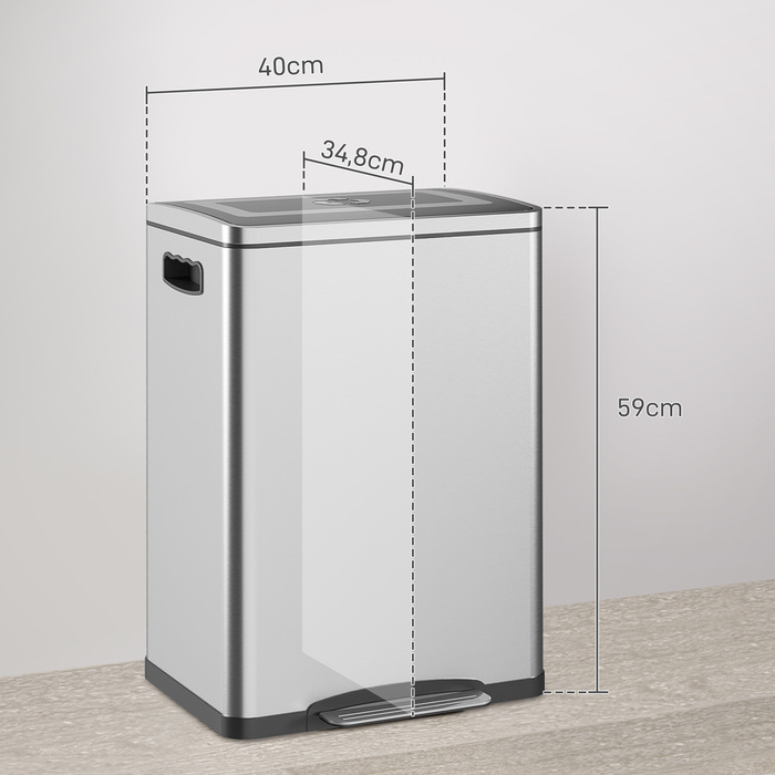 Сміттєве відро HOMCOM 40L з педальним механізмом, контейнер для сміття з кришкою та педаллю, сміттєвий бак з 2 внутрішніми відрами, функцією Soft-Close для вітальні, офісу, нержавіюча сталь, сріблястий колір, розміри 40 x 34,8 x 59 см | Aosom