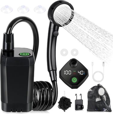 Spopal Camping Shower Portable, [6000mAh] Camping Shower with Pump and Temperature Indicator, Camping Shower Outdoor Set with Shower Head and 2M Hose for Garden, Car Washing, Beach, Travel, Pet (Black)
