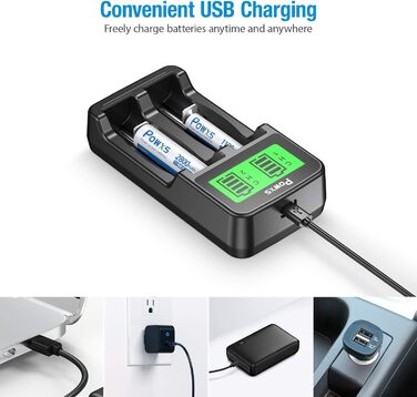 Зарядний пристрій POWXS для акумуляторів 18650 з LCD-дисплеєм та тестуванням, сумісний з Li-Ion, IMR, NI-MH, NI-Cd AA AAA C 26650 21700 10440 RCR123 (2 слоти)