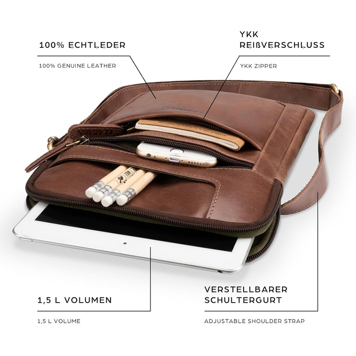 Сумка через плече LEABAGS з натуральної шкіри для чоловіків та жінок (Vintage Cognac)
