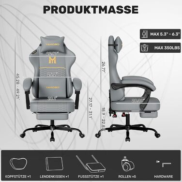 Геймерське крісло Ergonomisch з підлокітниками, підставкою для ніг, подушкою для попереку та голови, регульованою висотою, оббивка PU, сірий колір P-grey