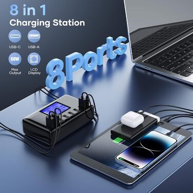 Зарядний пристрій USB 60W, 8 портів, з LCD дисплеєм, USB-C Hub для iPhone, iPad, Android, Samsung, Huawei, Kindle - Чорний