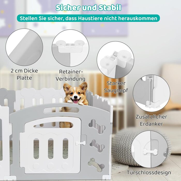 Летворешітка для цуценят Mamizо 60см, сталева та пластикова, з воротами та фіксаторами, для дому та на вулицю (7+1, сіро-біла)