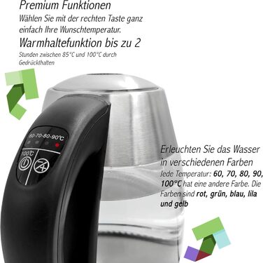 Електричний чайник Smaragdgrün: 1.8 л, 2200 Вт, LED-дисплей, 13 температурних режимів (40-100°C), скло та нержавіюча сталь