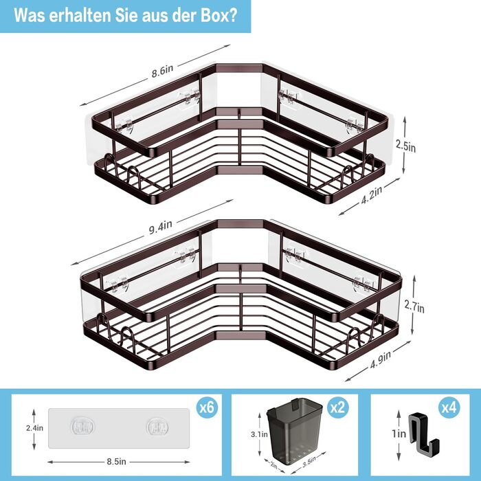FINIBO Shower Shelf No Drilling, 2 Pack Adhesive Corner Shelf Bathroom Organizer, Shower Shelf Stainless Steel with 4 Hooks and 2 Toothpaste Holders, Black Shower Shelf Shower Basket for Bathroom Kitchen