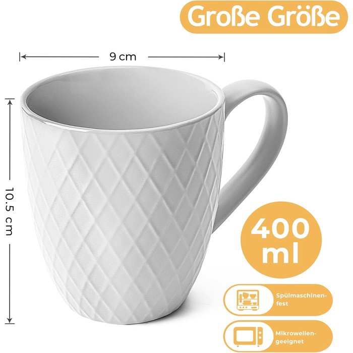 MIAMI – 6 x 400 ml – Coffee Cup Set/Mug – Modern Matte Ceramic Cup – Large Coffee Cup – Palmanova Collection (White)