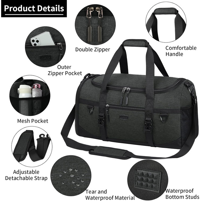 Lubardy Sports Bag/Duffle Bag Large 40L Waterproof with Sports Towel, Shoe Compartment, Wet Compartment, Weekender, Swim Bag, Training Bag, Gym Bag for Women and Men, Black