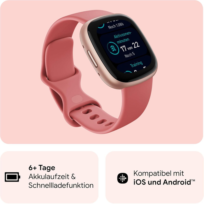 Смарт-годинник Fitbit Versa 4 – фітнес-трекер з GPS, телефоном, 6 днів роботи батареї, 40+ режимів тренувань, сумісний з Android/iOS, Sandrosa/Aluminium (Кораловий рожевий)