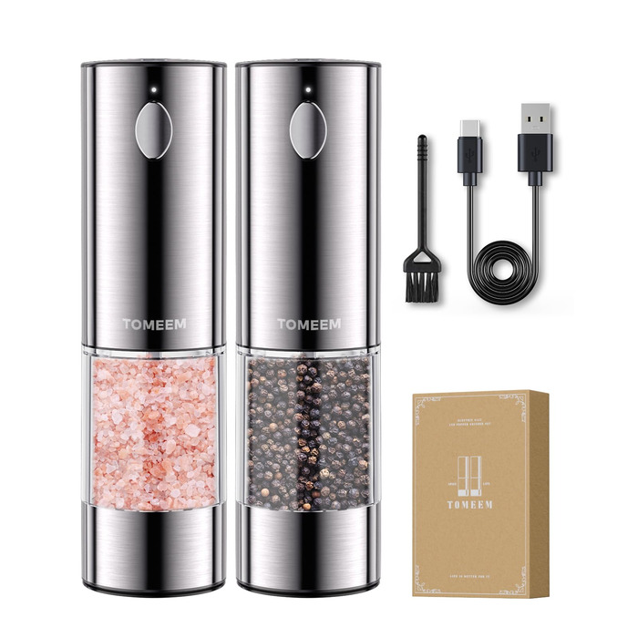 Електричні перечниці та солінки 2 в 1 з нержавіючої сталі, акумуляторні, з LED-підсвічуванням та регульованим керамічним жорном, з щіткою для чищення