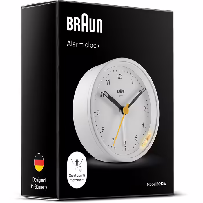 Braun Classic Analog Alarm Clock with Snooze Function and Light, Silent Quartz Movement, Crescendo Alarm in White, Model BC12W.