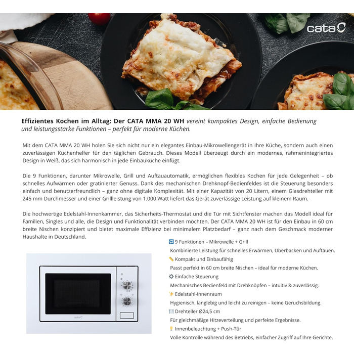 Вбудована мікрохвильова піч CATA MMA 20 WH 20L з грилем, таймером та нержавіючою сталею, 9 функцій, Ø24,5 см, білий колір