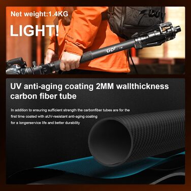 Монопод COMAN M1S з підставкою, 165 см, карбонове волокно, 360° поворотна голова, для камер Sony, Canon, Nikon, DSLR, максимальне навантаження 10 кг