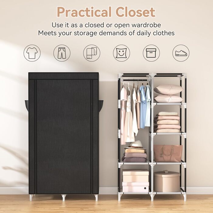 Wardrobe, Portable Fabric Clothes Closet with Clothes Rod, 6 Shelves, 4 Side Pockets, and Cover, Sturdy Clothes Racks for Bedroom Dressing Room (Black, 84 x 42 x 162 cm)