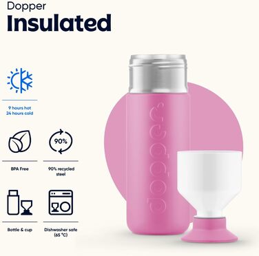 Dopper 580ml Insulated Stainless Steel Water Bottle - Leakproof, Keeps Drinks Cold for 24h / Hot for 9h - Thermos, Coffee Mug, Tea Bottle - Pelican Pink