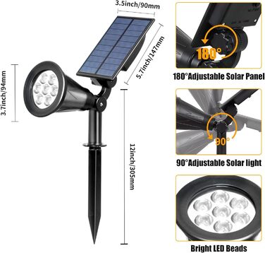 T-SUN LED Solar Spotlights, 2 Pack 4 LED Solar Garden Lights, Bright Garden Light, 2 Lighting Modes, Security Lighting, Large Outdoor Light for Lawn, Paths, Terrace (Cool White 6000K) (7led-warmwhite, 2 Pieces)