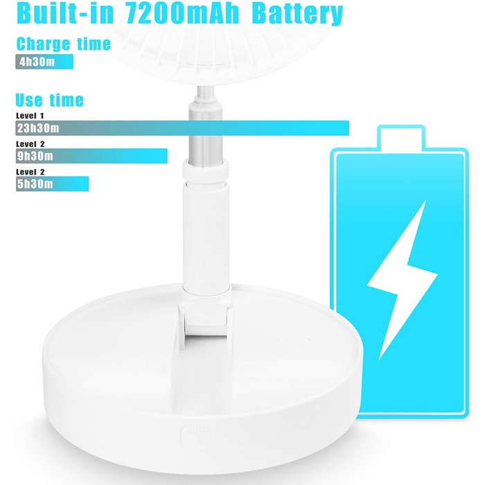 AICase Battery-Powered Table and Stand Fan, Cordless with Remote Control, Quiet 4-Speed Portable Fan, Height Adjustable and Foldable; Ø 19.7 cm, 7200mAh Rechargeable, incl. USB-C Charging Cable