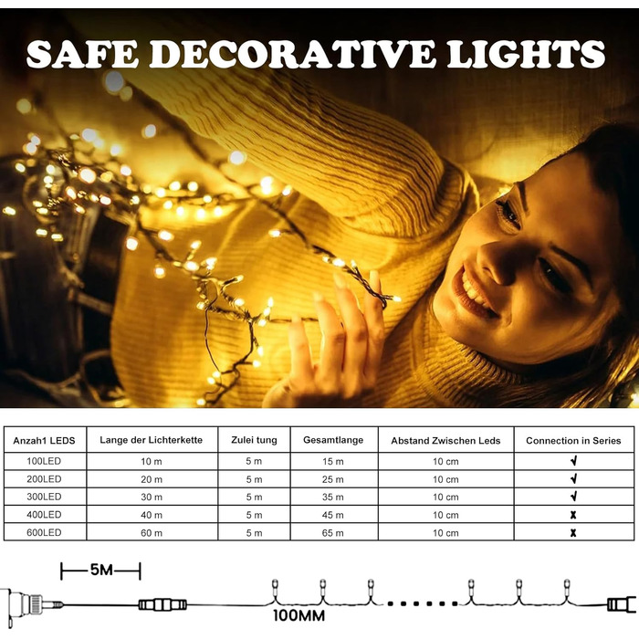 Льодогенератор JSdoin 100/200/300/400/600 LED, вологостійка гірлянда для декору саду, дому, вечірки, ялинки, з таймером, 8 режимів, тепле біле світло, 100 LED