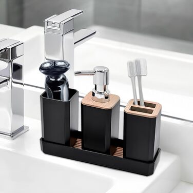 Набір аксесуарів для ванної кімнати Volumoon 5 шт. з бамбука: миловарка, стаканчик для зубної щітки, миловарка, мильниця, чорний. Декоративні аксесуари для ванної та умивальника.