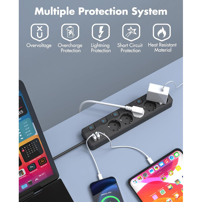 Багаторозетка на 5 розеток з індивідуальними вимикачами, KEPLUG, з USB, захист від перенапруги, для стіни, 2 м, чорна