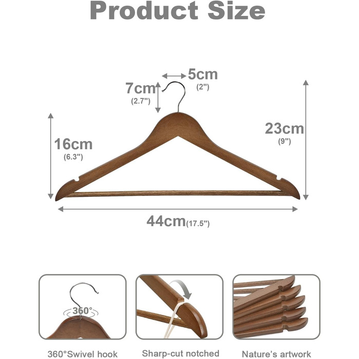 Дерев'яні вішалки для одягу HOUSE DAY (10 шт.) з масиву, гладка поверхня, 360° обертання, плечові виступи, для костюмів, сорочок, курток та пальто - горіх